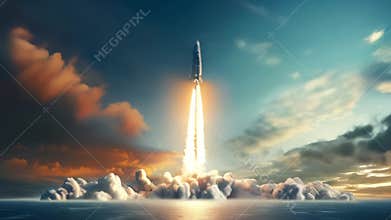 Rocket launch from Earth. Rocket ascending over sea at sunrise with dramatic clouds