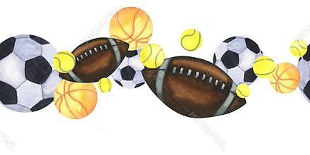 Watercolor balls seamless horizontal border. American football, soccer, tennis, buscketball ball. Hand drawn
