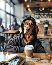 an elegant Golden Retriever wearing black glasses and a hoodie, sitting at a table in a coffee shop with a latte on it