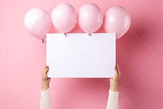 Hands showing white blank poster with balloons on pink. Mockup for your design