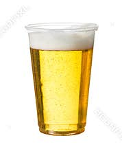 Golden lager or beer in disposable plastic cup