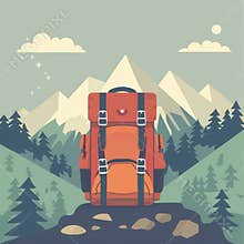 A stylized illustration of a red backpack sitting atop a rocky outcropping with a mountain range and forest in the