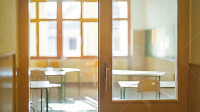 Sunlit empty classroom with wooden door slightly open, revealing neatly arranged desks and chairs, creating a warm and