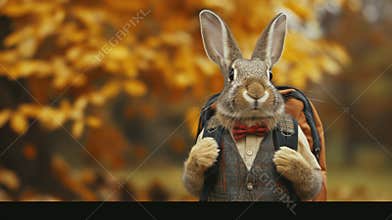 Cute hare with school satchel goes to school AI Generated