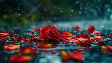 Rose petals floating in rainwater