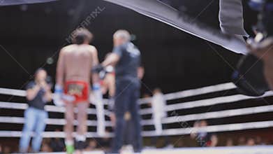 A boxing match is in progress with a referee and two fighters