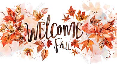A watercolor illustration of a welcome fall banner surrounded by orange leaves
