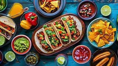 Array Of Mexican Cuisine with Tacos, Guacamole, and Salsa. Top View. Cinco de Mayo.