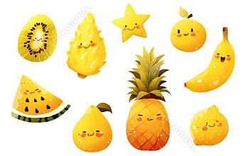 Clip art with nine yellow Kawaii fruits including dragon fruit and star fruit