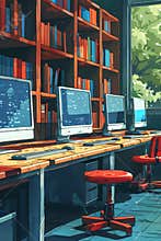Illustration of a computer lab with multiple workstations and a large bookshelf, perfect for concepts of education