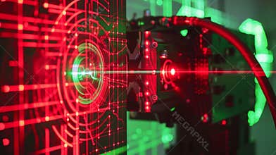 The intricate pattern of bright red and green laser beams emitting from a lidar sensor creating a dynamic and reflective