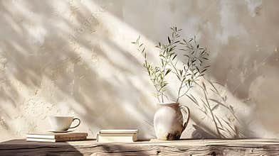 Generative AI Neutral Mediterranean home design Textured vase with olive tree branches cup of coffee Books on wood