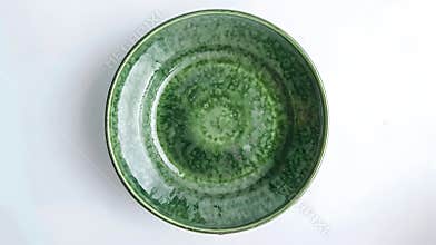 Generative AI Empty trendy handmade ceramic dish tablewares Round empty plate green texture vintage classic patter