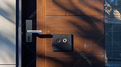 Generative AI Modern wooden looking front door security lock system steel door business concept.