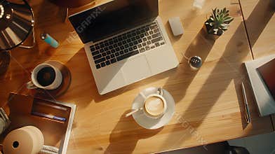 Generative AI Top view of office table Wood office desk table with laptop cup of coffee and supplies business conc