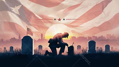 AI-Generated , Veterans Cemetery, Memorial Day, USA flag and headstone