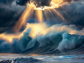 Sun Rays Breaking Through Storm Clouds Over Ocean Waves