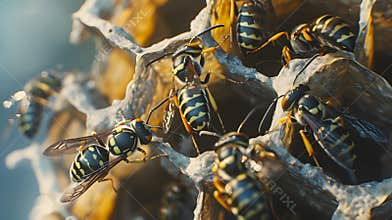 Generative AI Wasps polist The nest of a family of wasps which is taken a closeup business concept.