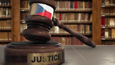 Czech Republic Flag on Judge Hammer in Court with Word Justice. Justice System Concept