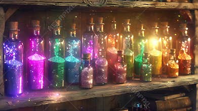 A shelf filled with various sized vials each containing a different color of sparkling powder. These are used for adding