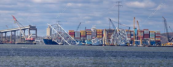 Panorama of the Baltimore Francis Scott Key Bridge Collapse
