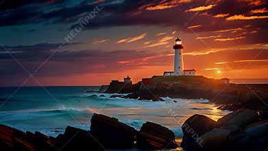 Lighthouse on Rocky Shore at Dusk 4K Loop