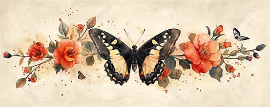 Beautiful butterfly with vintage flowers in cottagecore illustration style