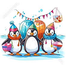 Three penguins are standing on a beach with a banner behind them