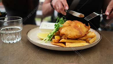 Traditional Meal Fried Fish With Potatoes In Family Restaurant