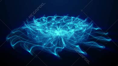 Ethereal flower shaped structure made of dust particle waves with light blue glow effect on a dark background