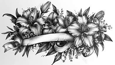 Hand drawn gothic lilies with ribbon banner