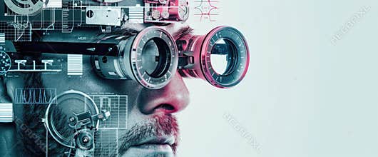 The image shows a man wearing a pair of glasses with a lot of technology embedded in it. The man is looking at the