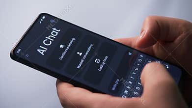 Coder using AI chat bot as programming aid. Artificial intelligence writes PHP code and helps human at his work
