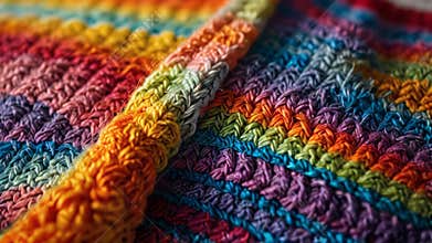 Close up of an homemade knit sweater with colourful rainbow colours