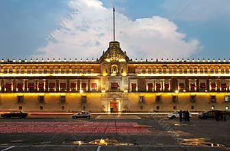 Illuminated National Palace in Zocalo of Mexico City