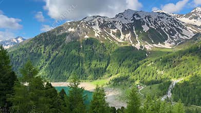 Panoramic view of beautiful Neves lake in the spring season, Zillertal alps