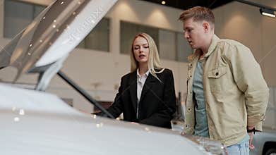 Male customer in casual clothes standing near open hood thinking about buying car. Female salesperson with client in the