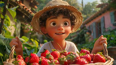 Animated Boy Holding Basket of Strawberries in Summer Garden