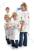 Four Girls Painting At Easel
