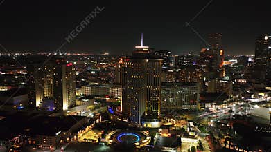 Four Seasons Hotel and Private Residences New Orleans from a breathtaking aerial perspective. City's illuminated