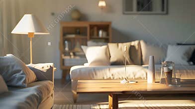 Generative AI Furniture arranged in modern living room at home business concept.