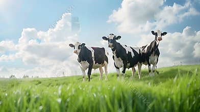 Generative AI Healthy looking dairy cows standing on top of a green field in summer business concept.