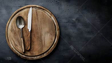 Generative AI An empty plate with a knife fork or spoon with a wooden cutting board on a dark concrete background