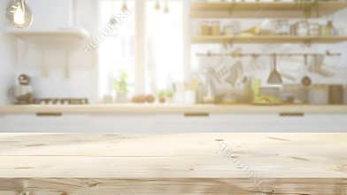 Generative AI Empty beautiful wood table  top counter  and blur bokeh modern kitchen interior background in clean