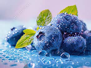 blueberries, water droplets, equally spaced, on a light background, isometric angle, macro shot, highly saturated