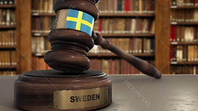 Sweden Flag on Judge Gavel or Hammer in Court with Country Name. Legal System 3D Illustration