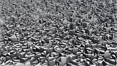 Abstract 3D background with plenty of three dimensional white shapes randomly moving with realistic light and shadows