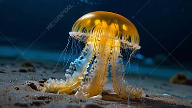 Yellow blue neon Jellyfish swim beautiful isolated in the ocean near beautiful coral