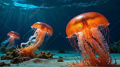 Orange neon Jellyfish swim beautiful isolated in the ocean near beautiful coral