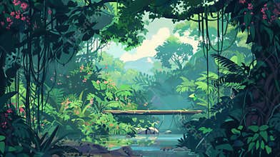 Lush Cartoon Jungle Scene with Dense Foliage and Tranquil River Perfect for Summer Vacation Designs